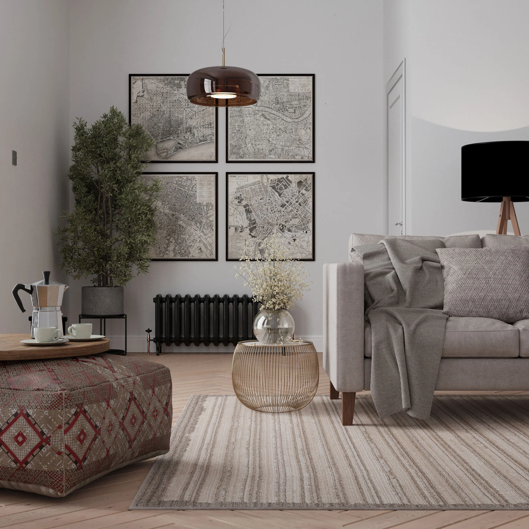 Beige Linear Bordered Area Rug - Rin - Image 2