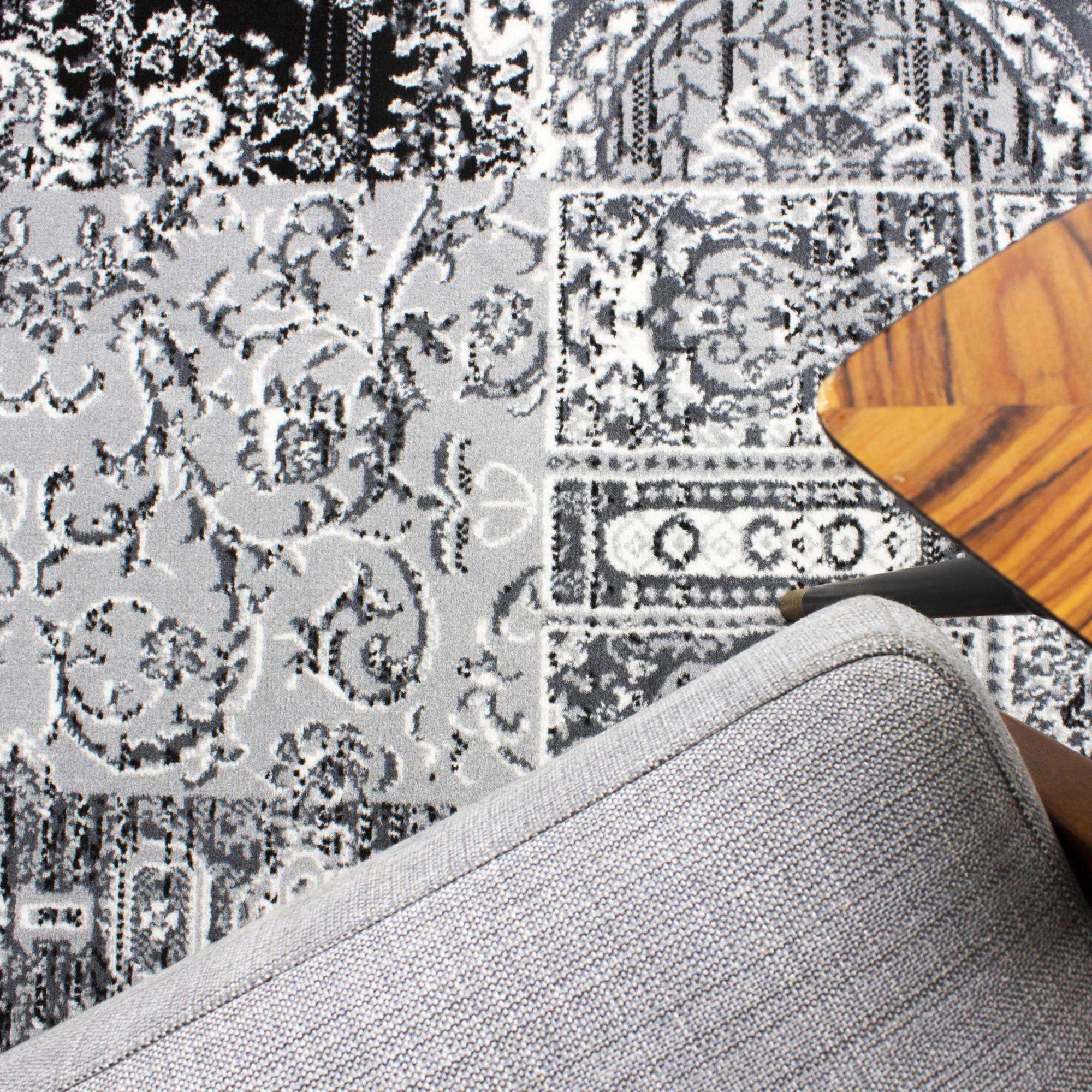Black Grey Traditional Patchwork Living Room Rug - Image 3
