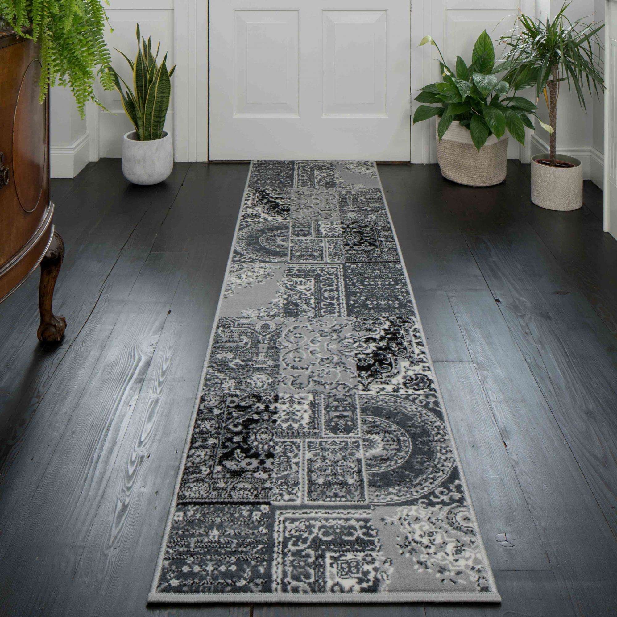 Black Grey Traditional Patchwork Living Room Rug - Image 4