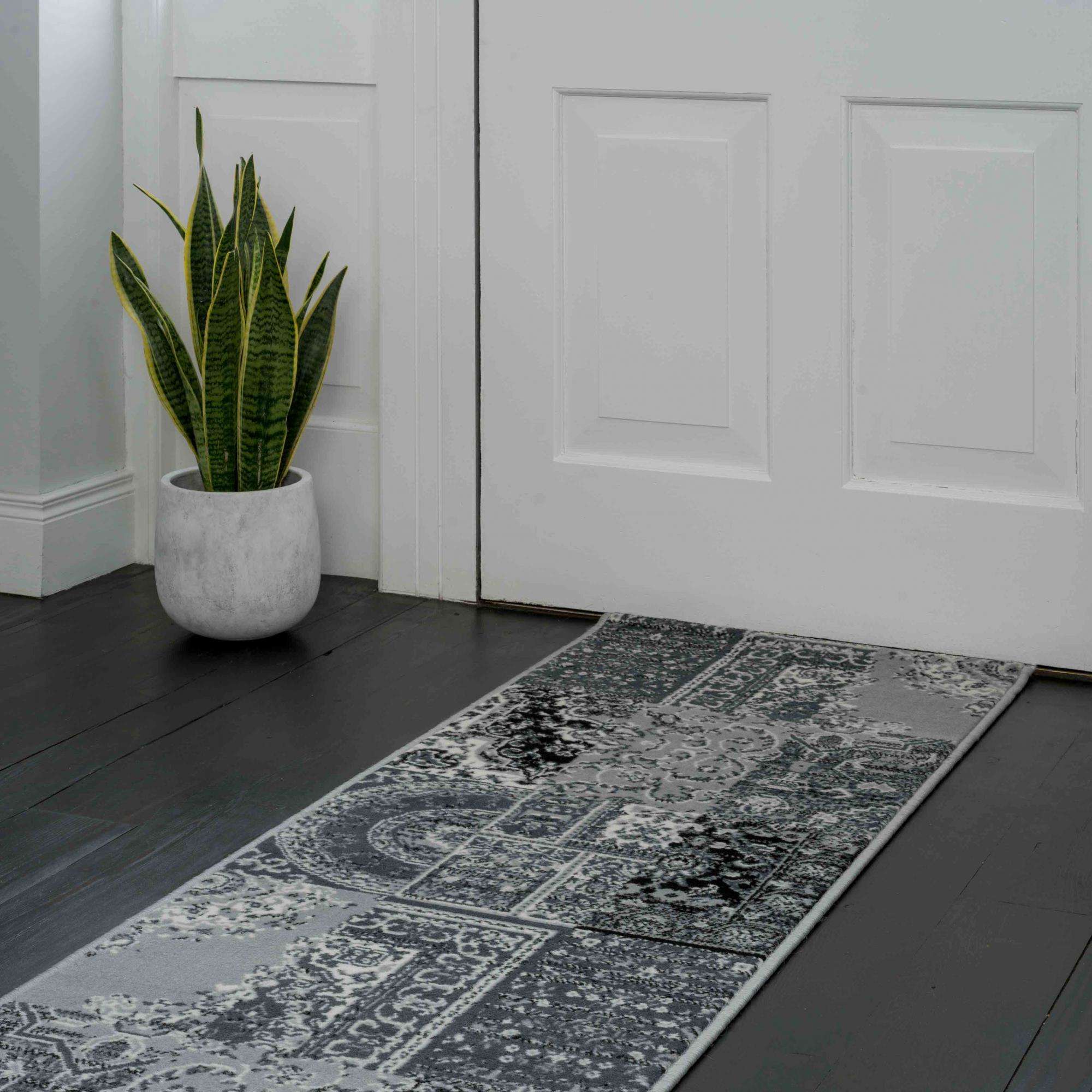 Black Grey Traditional Patchwork Living Room Rug - Image 5