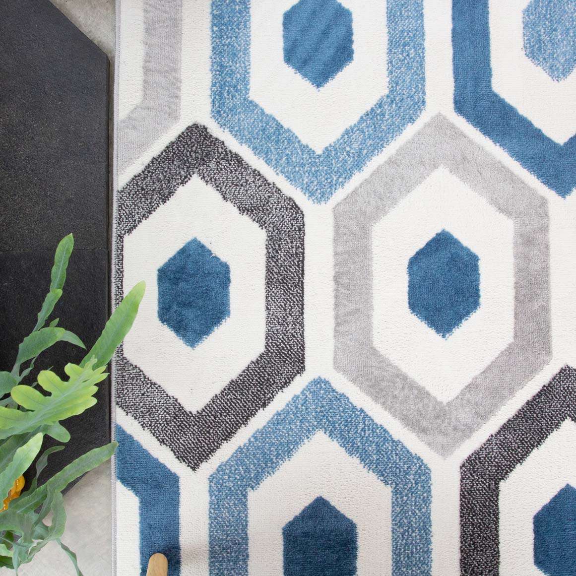 Blue Geometric Honeycomb Living Room Rug - Image 3