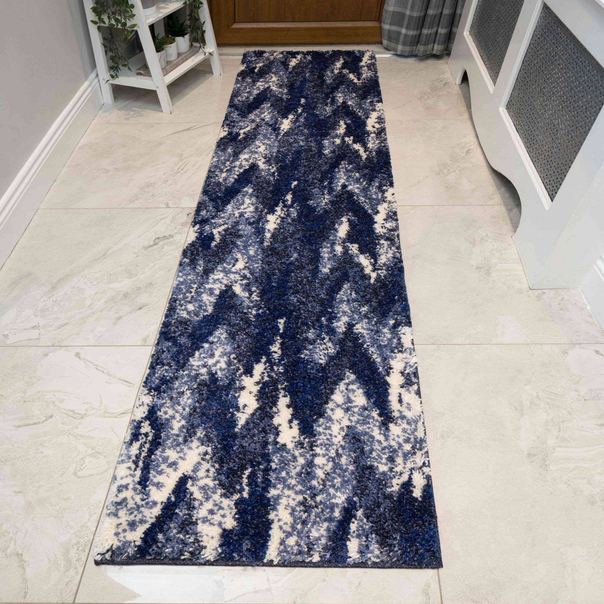 Blue Navy Chevron Mottled Shaggy Living Room Rug - Image 5