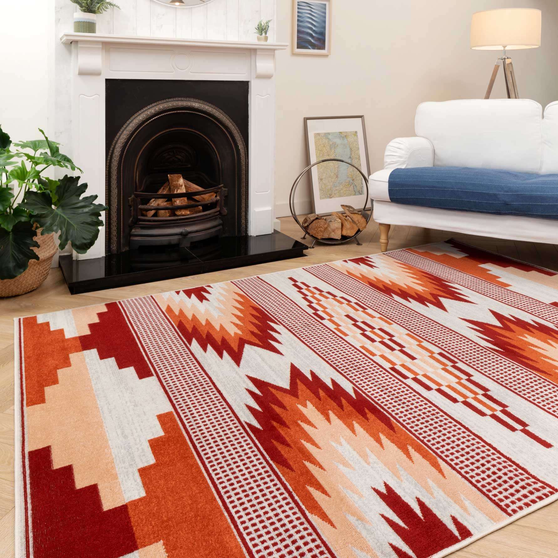 Terracotta Burnt Orange Living Room Rug - Aztec - Image 2