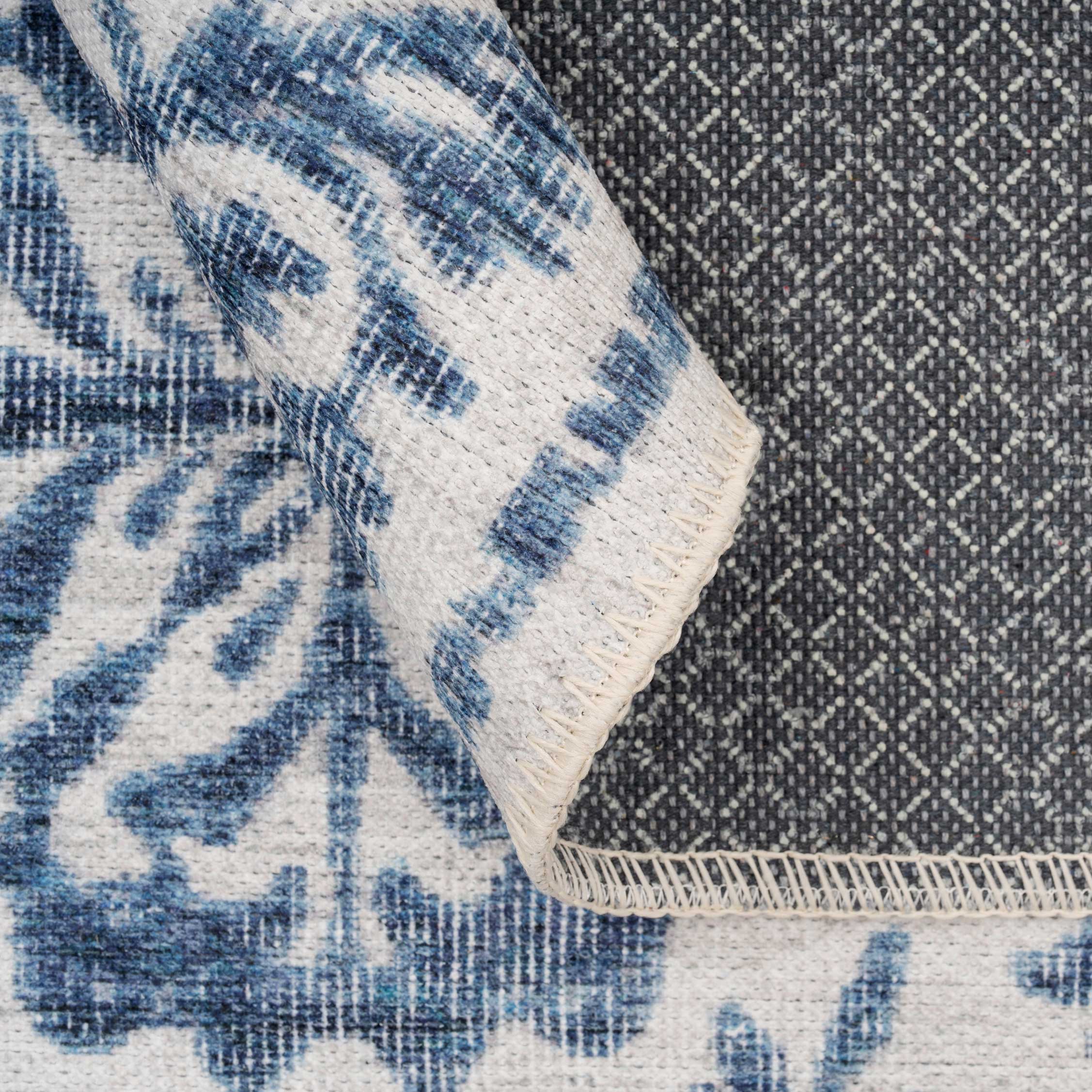 Flatwoven Washable Distressed Blue Damask Rug - Bala - Image 12