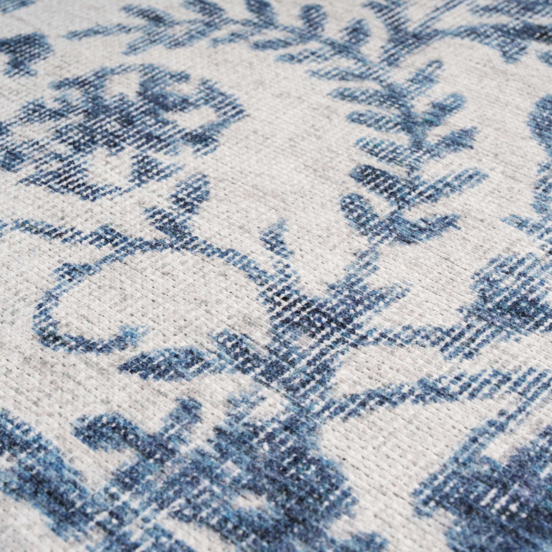 Flatwoven Washable Distressed Blue Damask Rug - Bala - Image 9