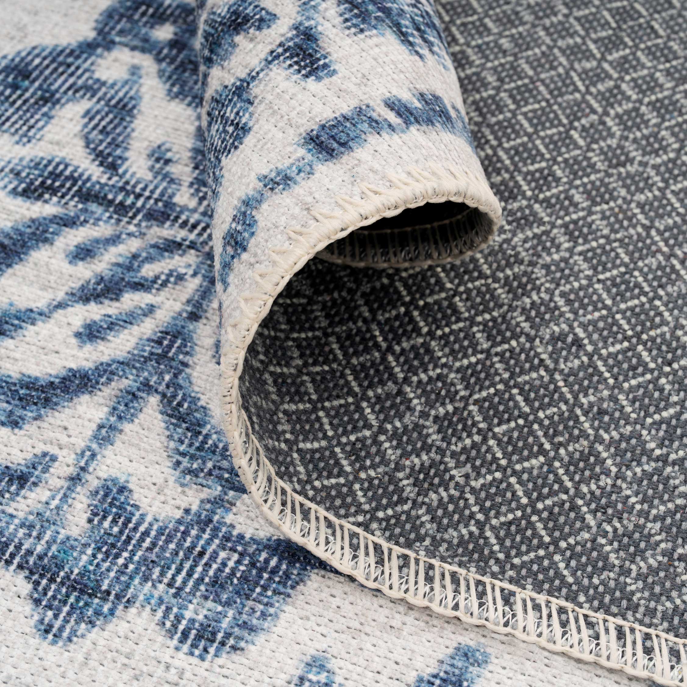 Flatwoven Washable Distressed Blue Damask Runner - Bala - Image 7