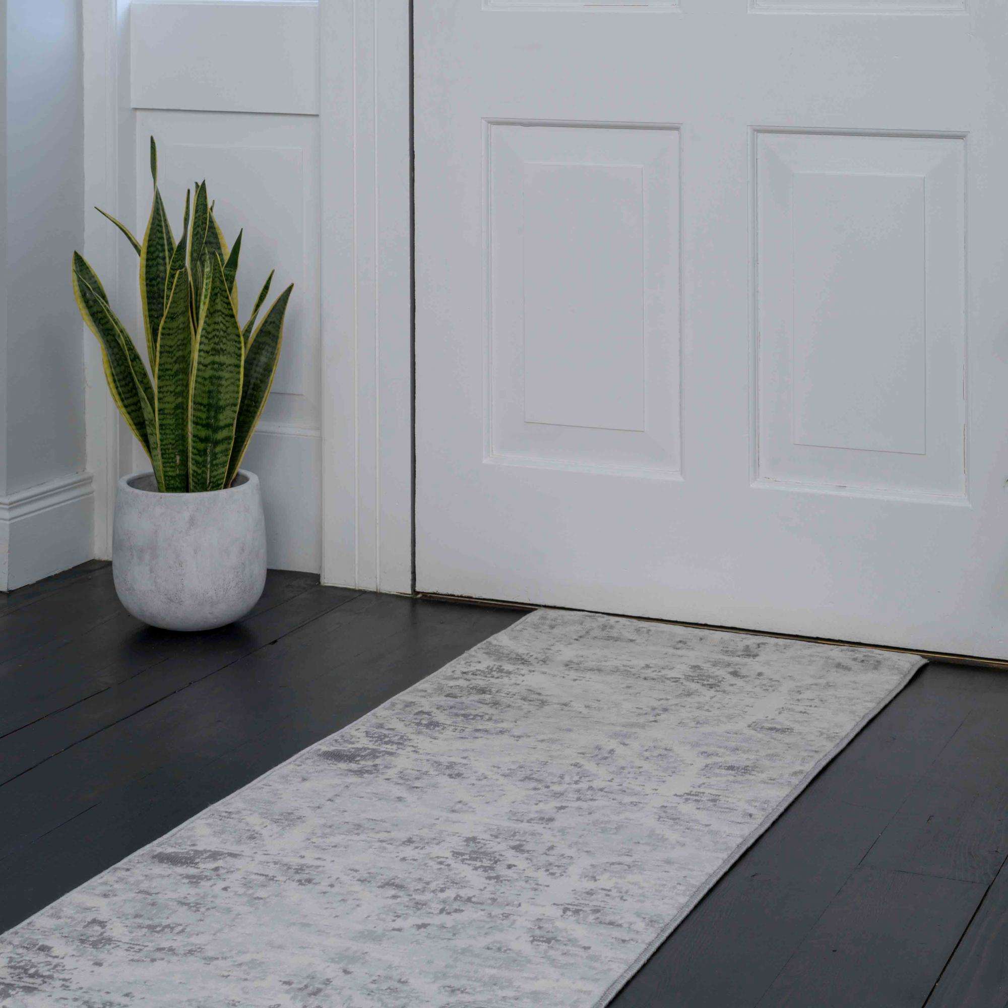 Faded Distressed Grey Geometric Pattern Rug - Image 6