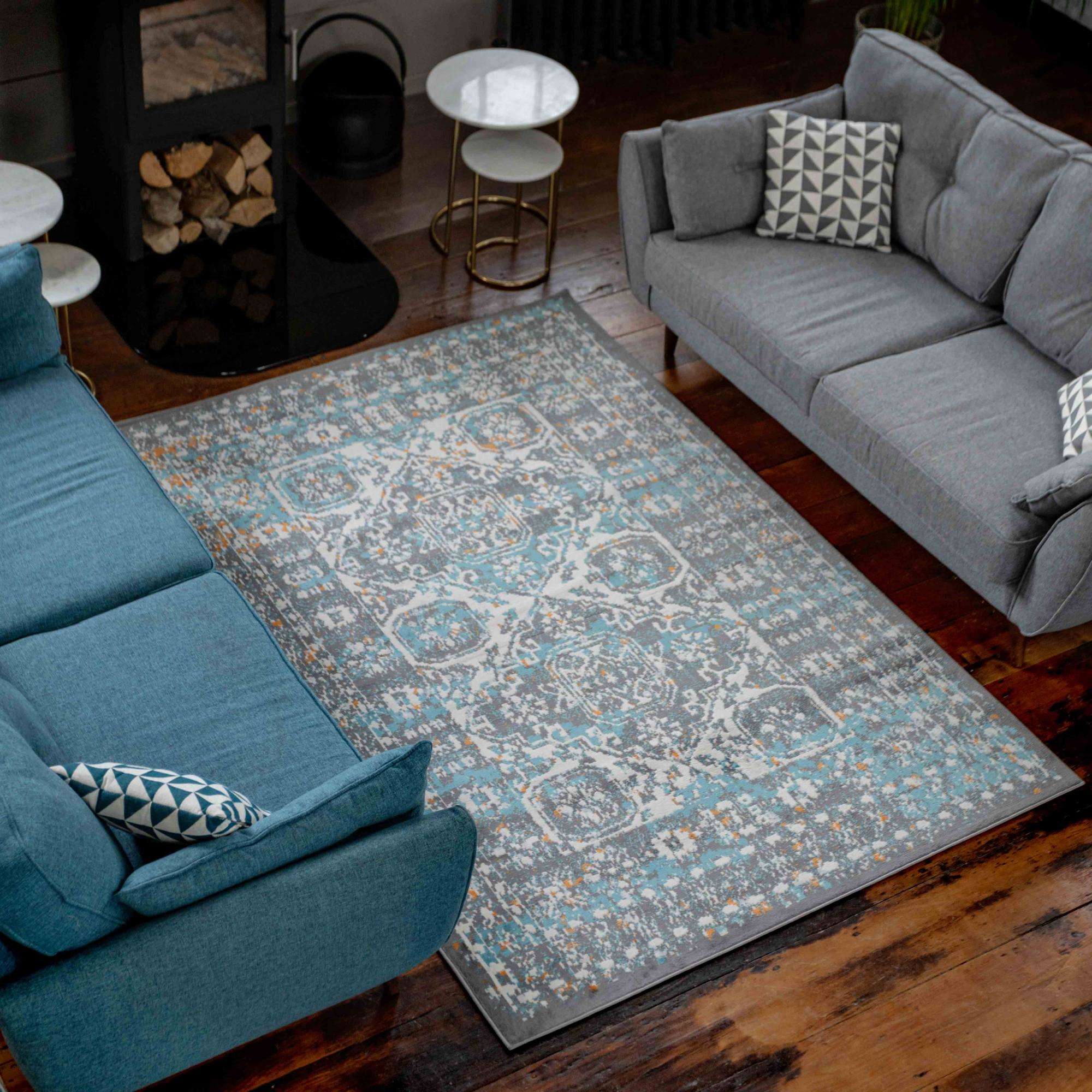 Faded Distressed Light Blue Grey Oriental Pattern Rug - Image 5