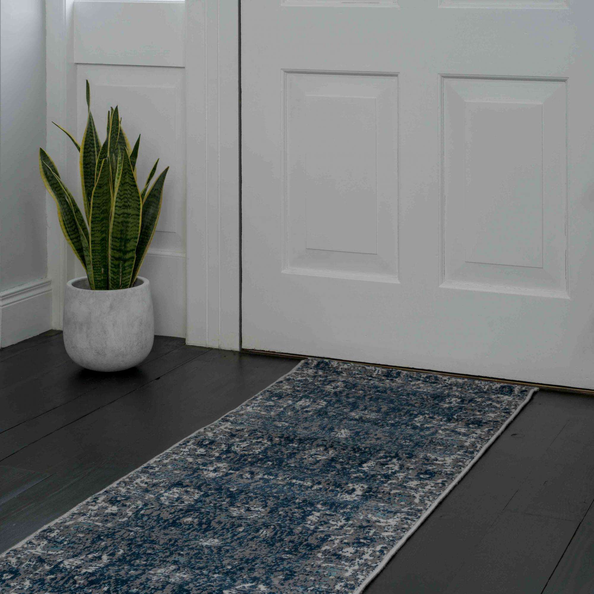 Faded Distressed Navy Oriental Pattern Runner Rug - Image 2