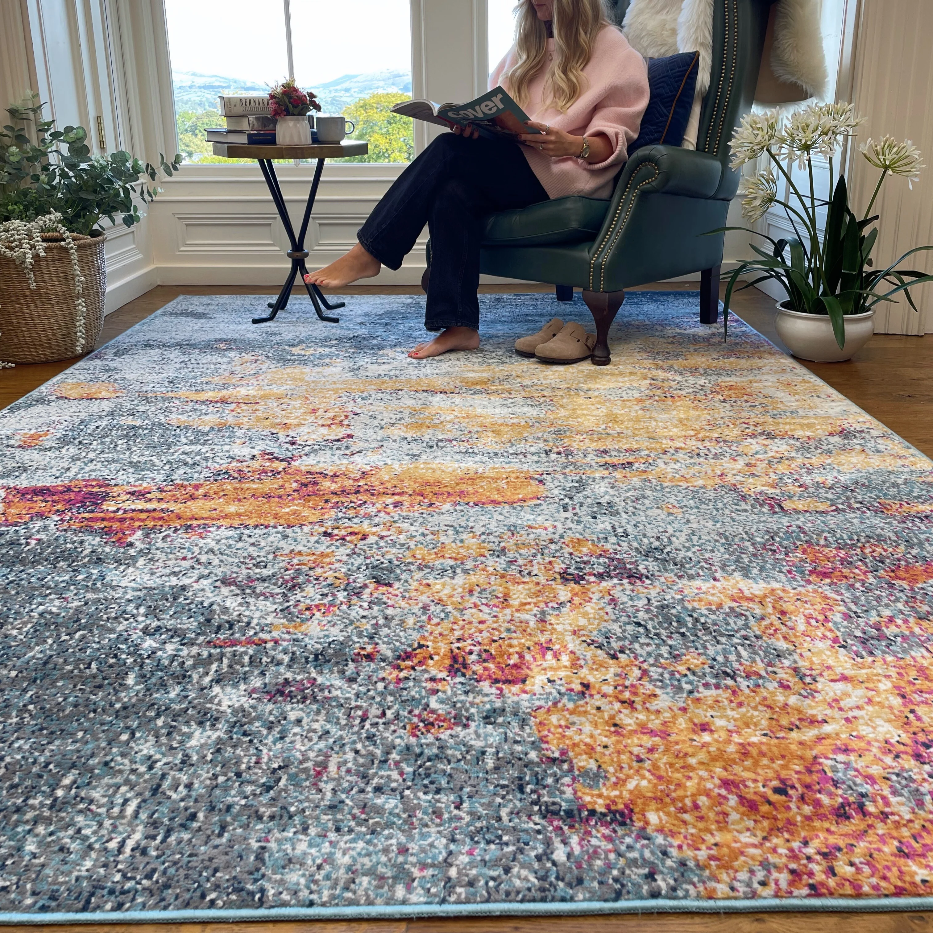 Gold Blue Distressed Living Room Rug - Mia - Image 3