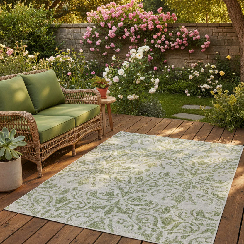 Green Floral Motif Outdoor Rug - Lanark
