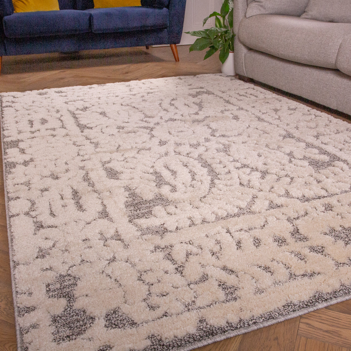 Grey White Textured Floral Rug - Image 5