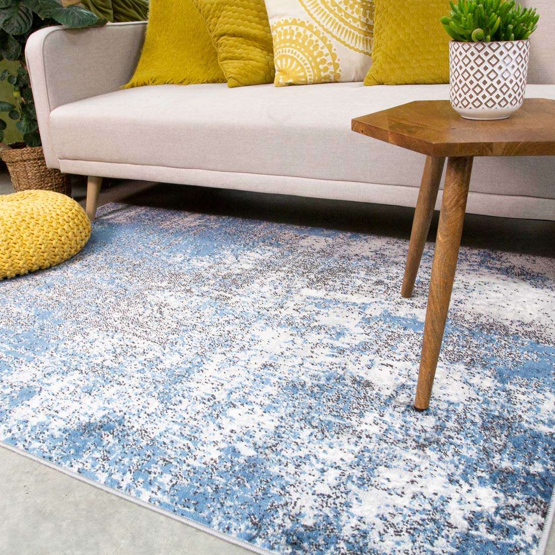 Modern Blue Abstract Distressed Living Room Rug - Image 2