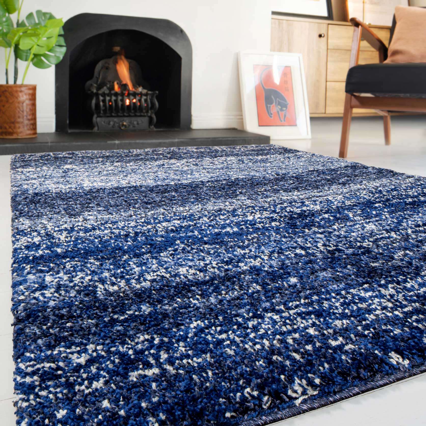 Navy Mottled Striped Shaggy Living Room Rug - Image 3