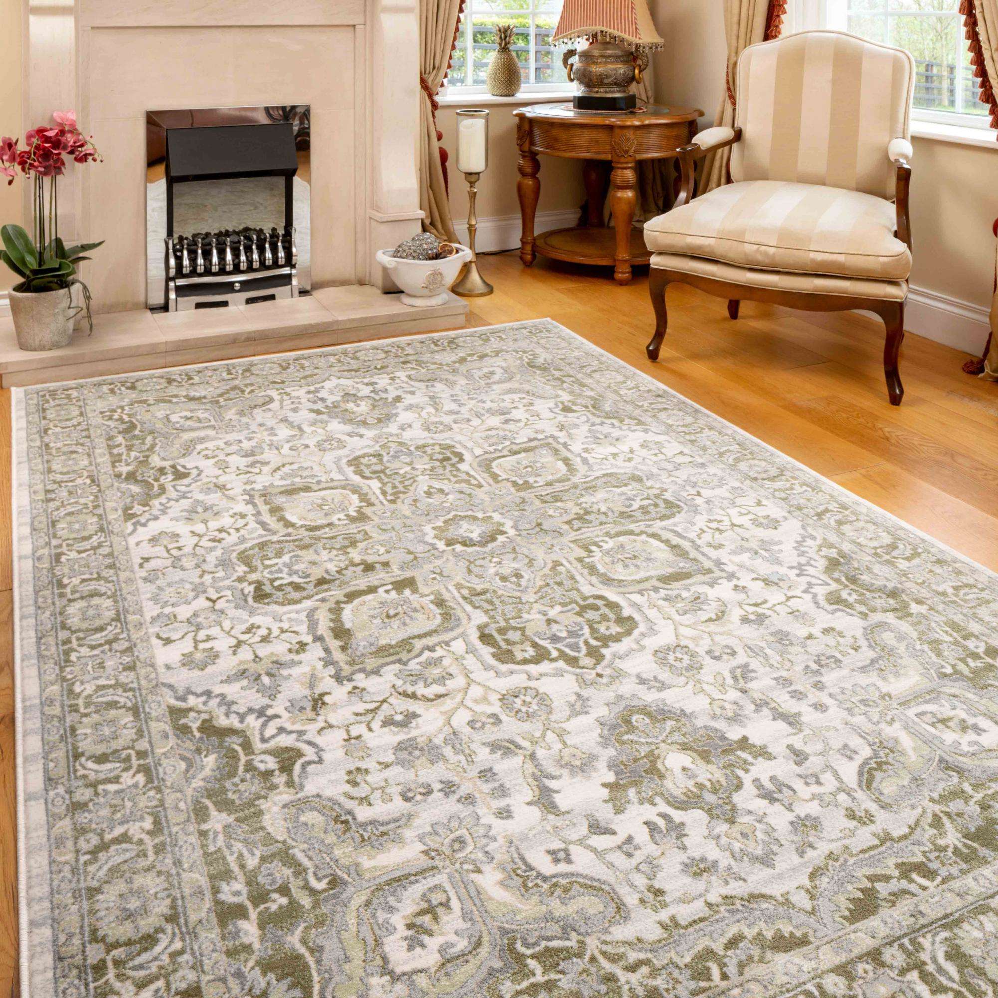Oriental Bordered Green Floral Living Room Rug - Image 7