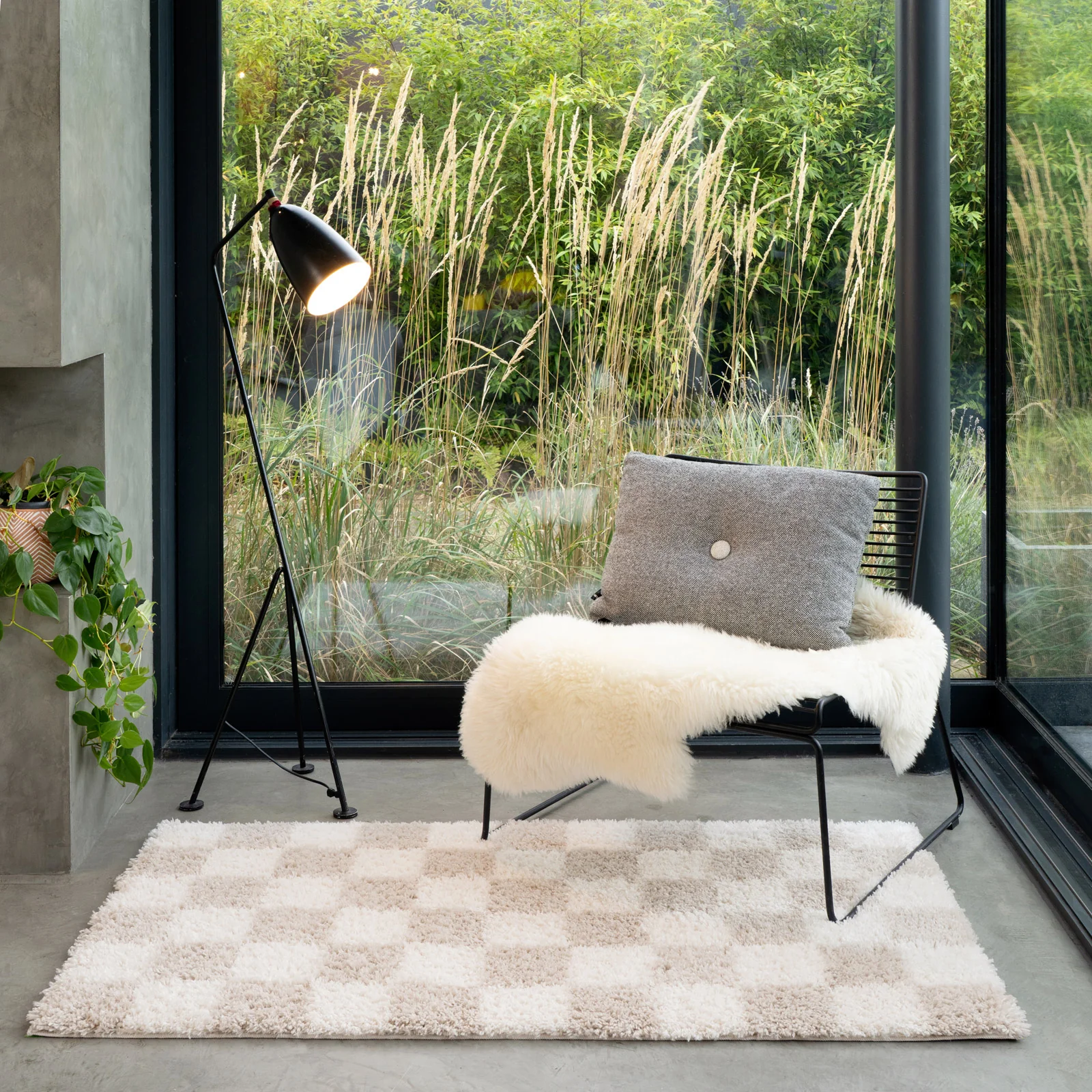 Soft Beige Checkerboard Shaggy Rug - Konnie - Image 6