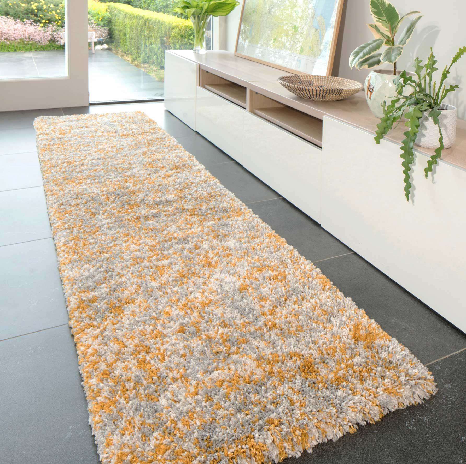 Soft Mottled Gold Grey Shaggy Runner Rug - Image 2