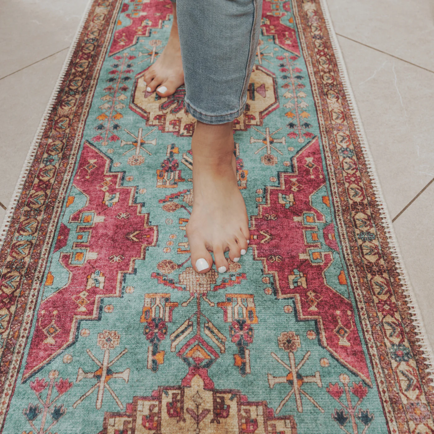Flatwoven Washable Vibrant Teal Pink Distressed Boho Rug - Clarissa - Image 11