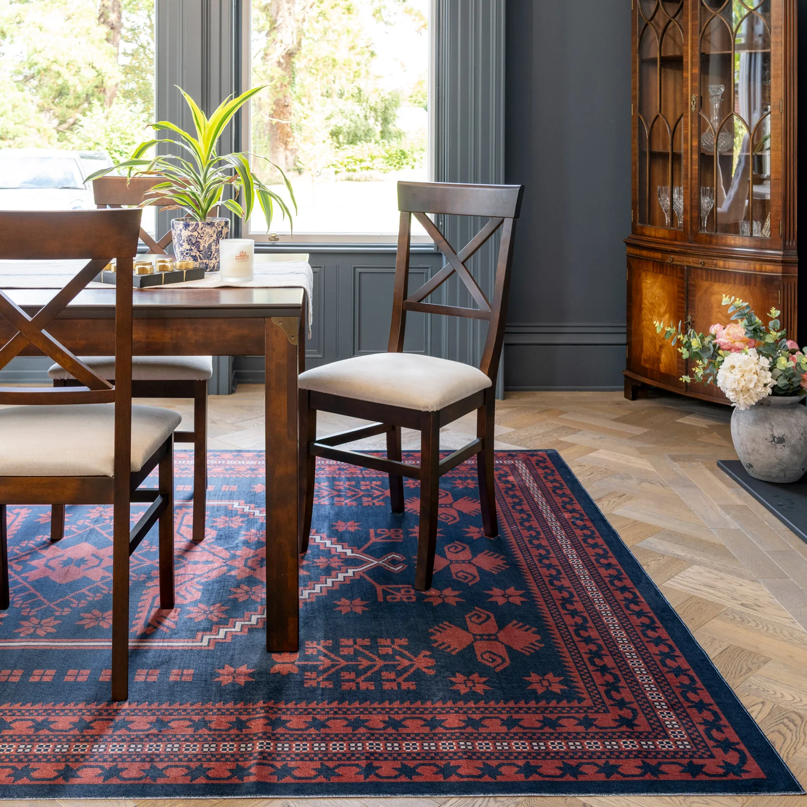 Washable Red Navy Persian Style Rug - Asha - Image 3