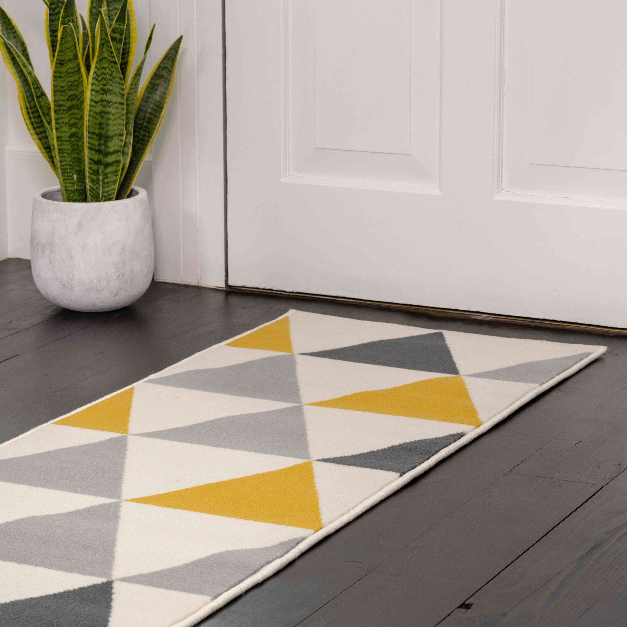Yellow Grey Geometric Triangle Bedroom Rug - Image 7