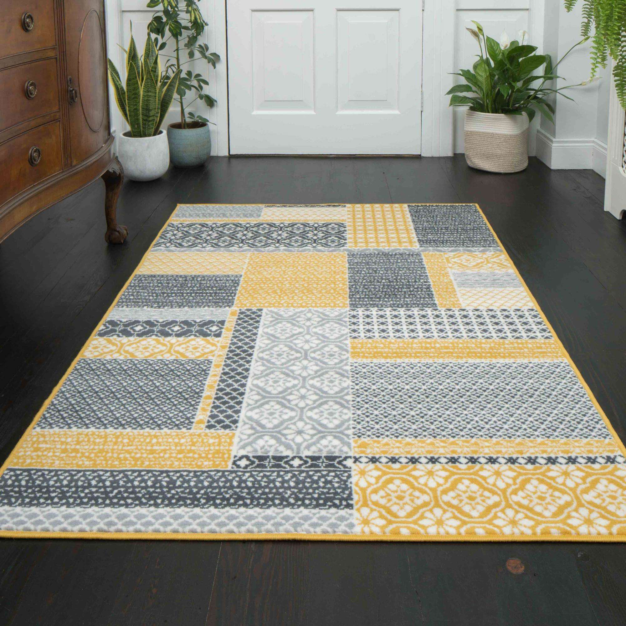 Yellow Grey Patchwork Hallway Runner Rug - Image 2